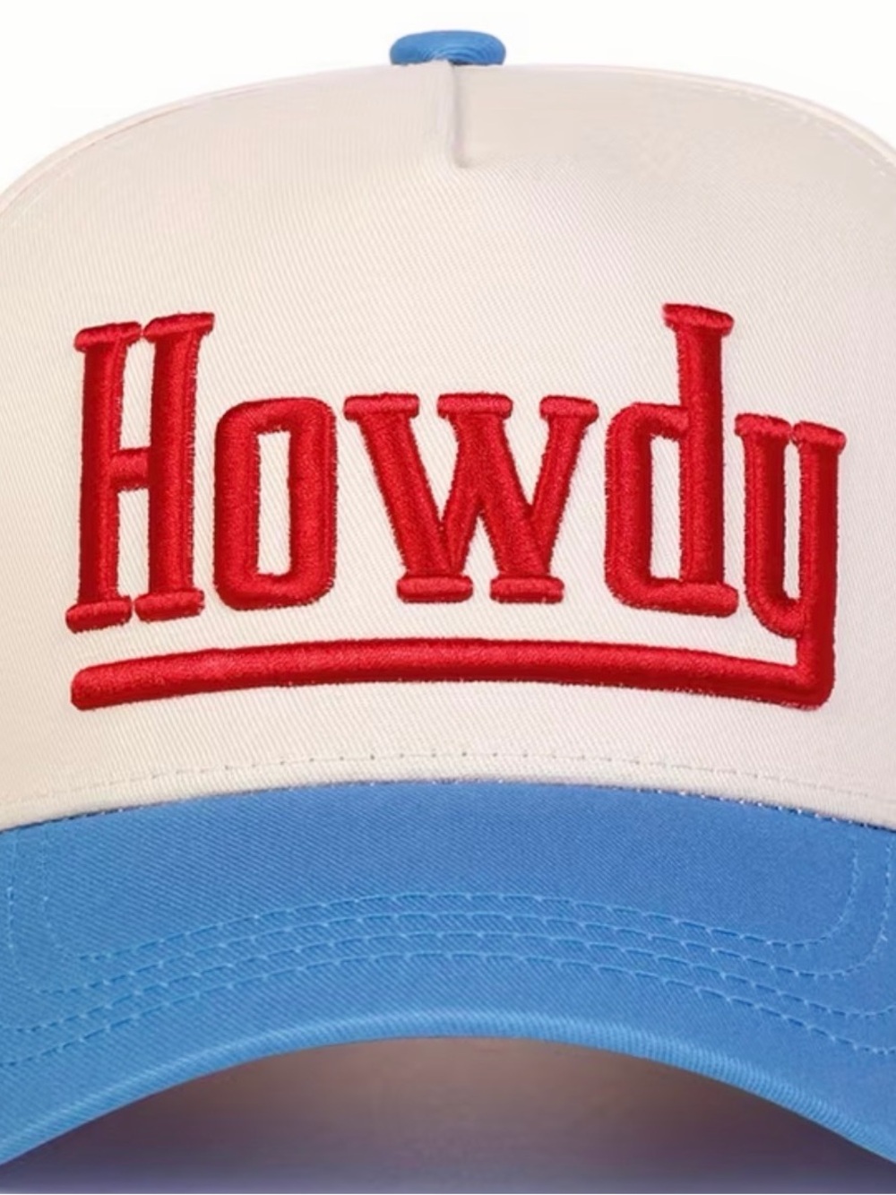 Howdy Boutique Trucker Hat - Cream & Light Blue with Red Embroidery
